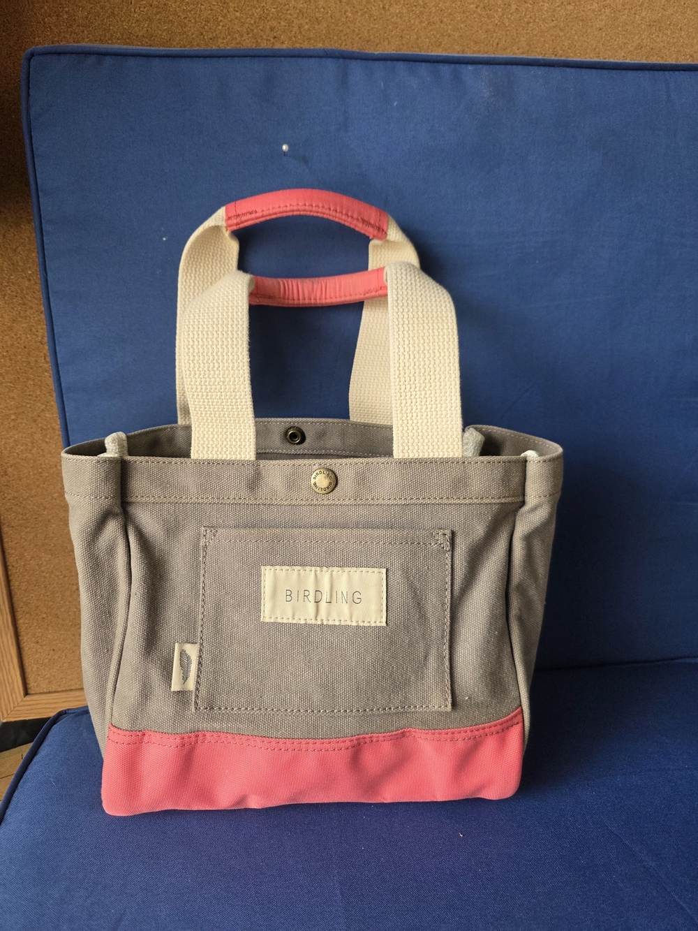 Birdling Canvas Mini Tote Bag Gray Pink Trim Travel Organizer Pocket Tote
